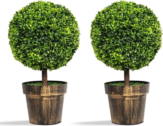 22” Artificial Boxwood Topiary Ball Tree, 2 Pack Faux Potted Shrubs Bushes for Indoor Outdoor