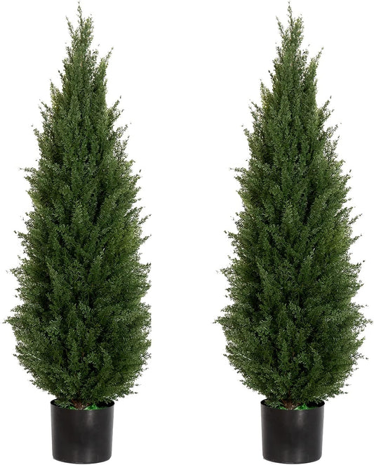 Artificial Cedar Topiary Tree Potted Plants with UV Resistant Leaves for Home and Office Decoration - 2 Piece Set