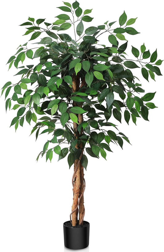 Artificial Ficus Tree with Natural Wood Trunk, Silk Fake Ficus Tree in Plastic Nursery Pot, Faux Plant for Office Home, Indoor Outdoor Decor